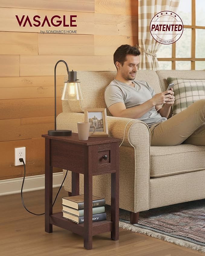 VASAGLE Farmhouse End Table with Storage Drawer, Narrow Side Table with Charging Station, Nightstand, Easy Assembly, for Living Room, Bedroom, Saddle Brown ULET328K01