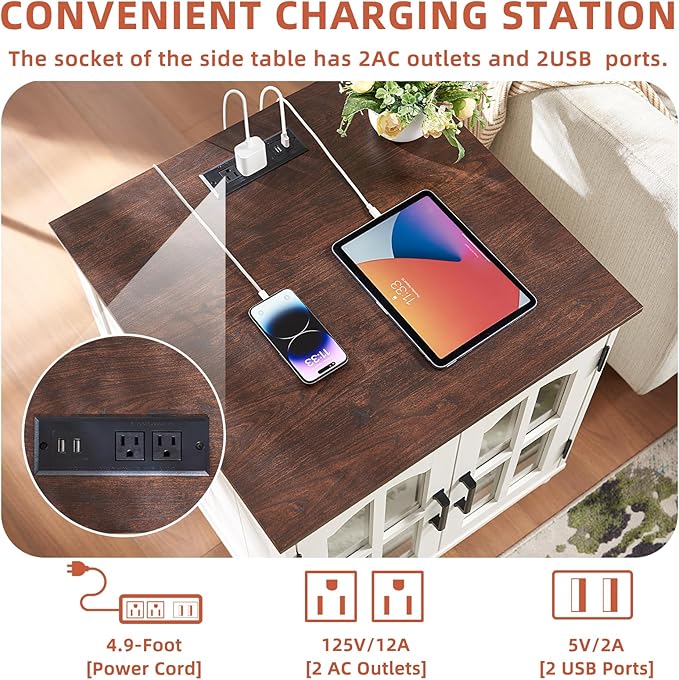 Farmhouse 24" End Table Set of 2 with Charging Station, Large Sofa Side Table with Glass Barn Door,Wood Night Stand with Adjustable Storage Shelf,Square Bedside Table for Living Room,Bedroom