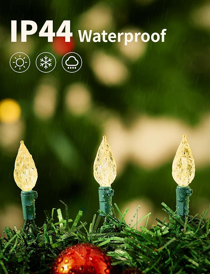 BOHON Christmas Lights Outdoor, Faceted C6 50ft 100 LED String Lights Plug in, Extendable Green Wire Christmas String Lights for Indoor Patio Xmas Tree Decoration (Warm White)