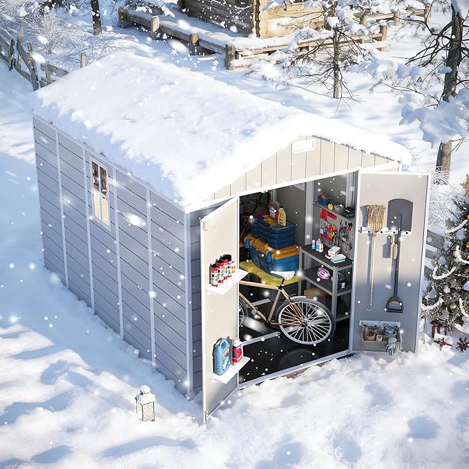 Amopatio Outdoor Storage Shed with Floor, 8x10 FT Lockable Plastic Tool Shed with Ventilation, Waterproof Resin Garden Sheds for Backyard, Patio, Lawn and Bike Bedge