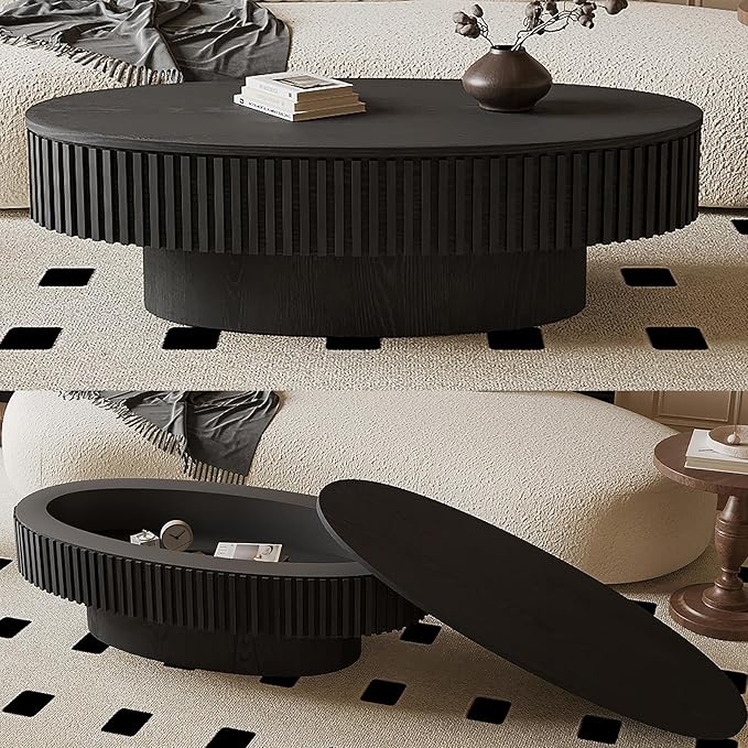 47" Oval Coffee Table with Hidden Storage Compartment, Modern Handcraft Fluted Drum Coffee Table, Wooden Oval Center Table Cocktail Tea Table with Sturdy Pedestal for Living Room, Black
