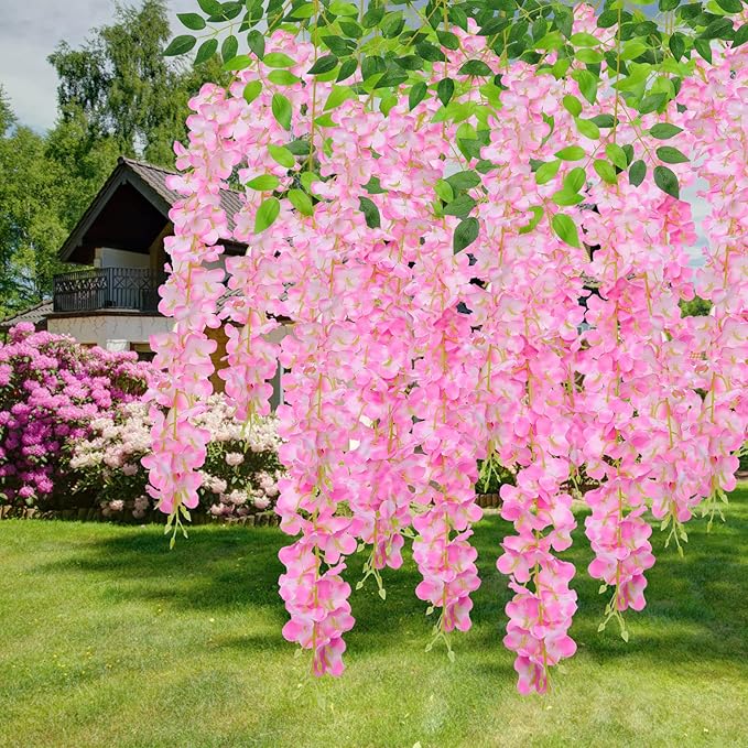 U'Artlines 24 Pack (Total 86.4 Feet) Artificial Fake Wisteria Vine Rattan Hanging Garland Silk Flowers String Home Party Wedding Decor (24, Pink)