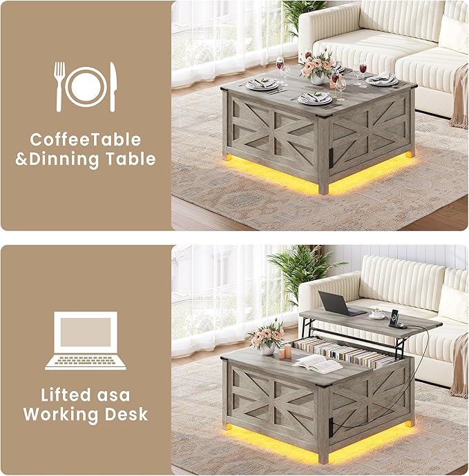 Farmhouse Coffee Table with Lift Top Storage, Square Wood Center Table, USB Charging Station,Grey