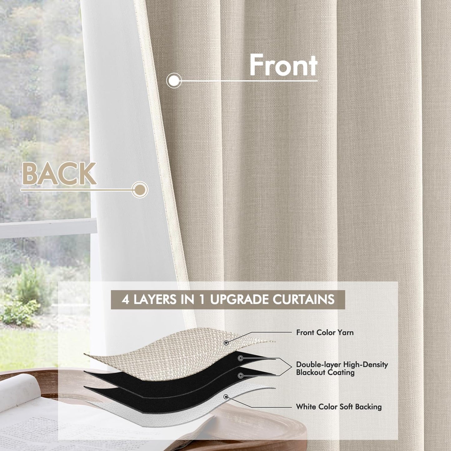 MIULEE 100% Blackout Curtains 102 Inch Long 2 Panels Set for Bedroom, Thick Luxury Faux Linen Black Out Curtain Room Darkening Back Tab Pleat Window Textured Drapes with Hooks for Living Room, Birch