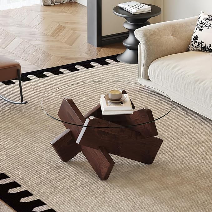 Walnut Round Glass Coffee Table,33-Inch Coffee Tables for Living Room Clear Circle Accent Table Adapts to Farmhouse and Contemporary Decor