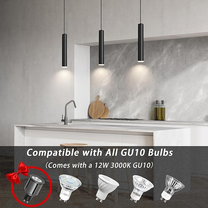 Modern Black Pendant Light Fixture for Kitchen Island, 1-Light Pendant Lighting, Lights Cord Adjustable, Matching GU10 lamp Holder,for Living Room Bedroom Dining Room