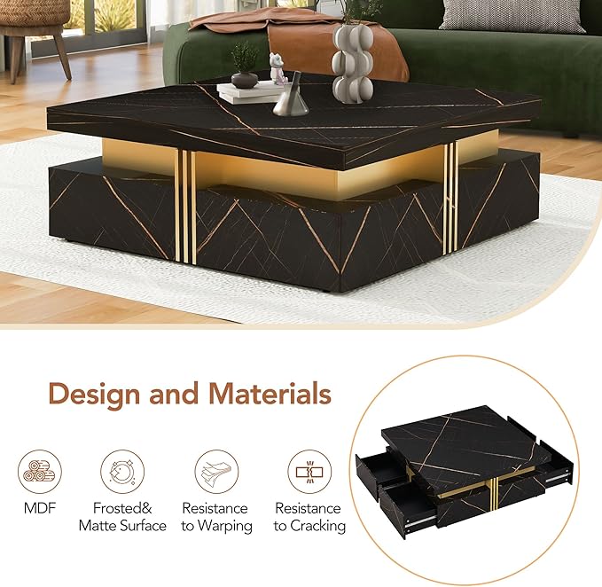 Merax 43.3" Modern Square Storage Coffee Table with 4 Drawers, with Marbling Gold Accents, Functional Center Tables for Living Room Apartment, Black