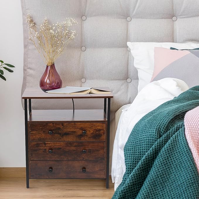 3 Wooden Drawers Night Stand, 27 Inch Wide Nightstand with Charging Station and Adjustable Drawers, Small Dresser for Closet, Bedside Table for Living Room/Bedroom/Office, Retro Brown.