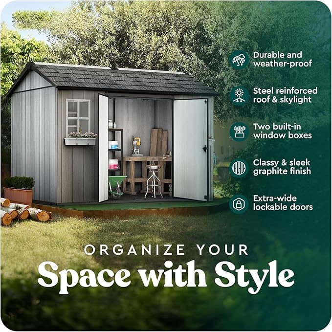 Outdoor Tool Shed 11 x 8.3 Foot Durable Resin Storage Lockable Door, and Ventilation, with Window Planter Boxes, for Garden, Home, Pool，Backyard, Grey