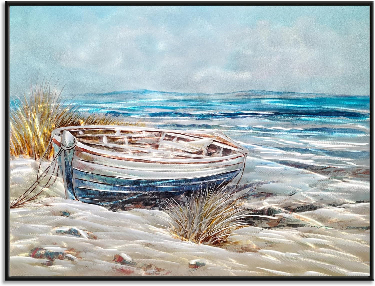 Yihui Arts Modern 3D Coastal Metal Wall Art Framed Home Accent in Blue and Silver for Living Room, Bedroom, Bathroom Decor