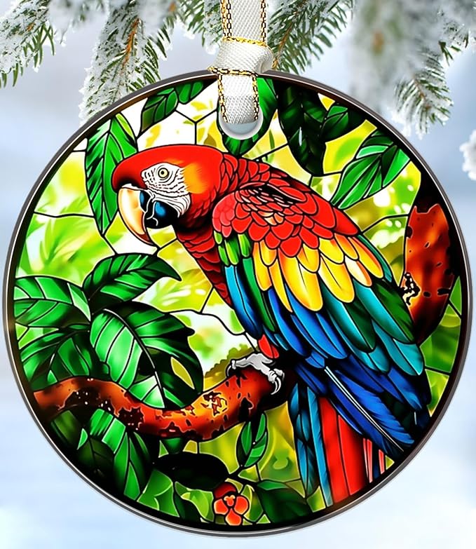 Christmas Ornaments 2025, Stained Glass Christmas Tree Decorations, Exchange for Women, Men, Collectible Dated Year Ornaments for Tree（Parrot）