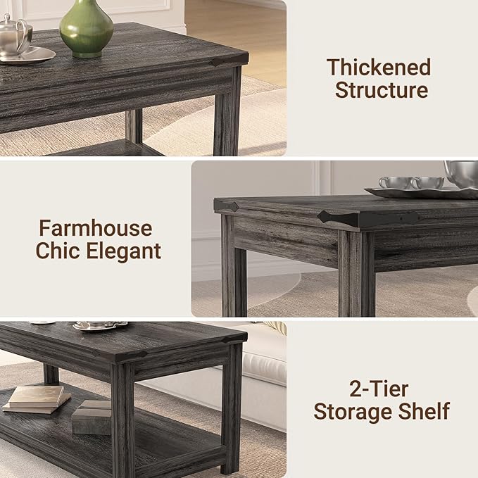 Homieasy Coffee Table with Storage Shelf, 43.3” Farmhouse Wood Coffee Tables for Living Room, Modern Center Tea Table, Grey