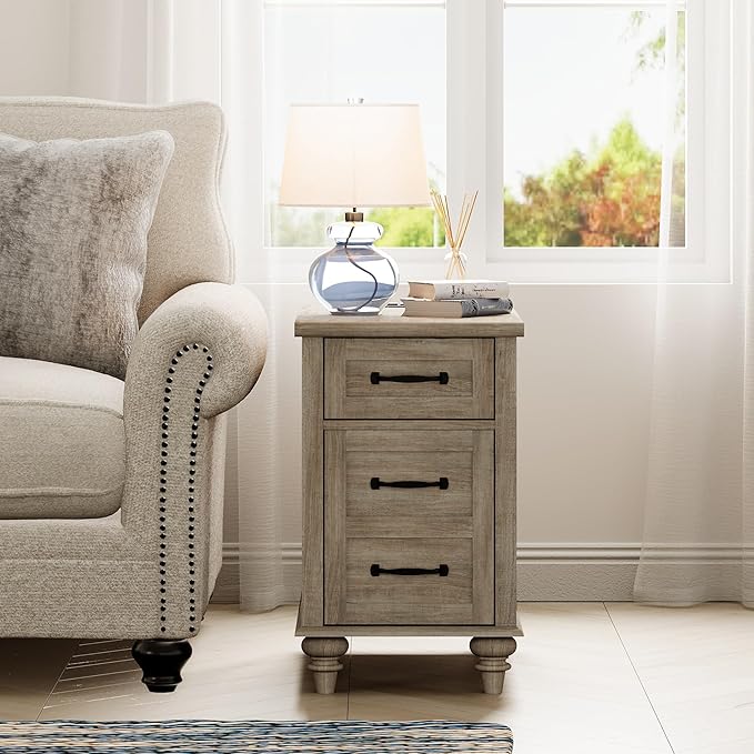 WAMPAT Gray End Table with Charging Station, Wooden Side Table with 1 Drawer &1 Storage Cabinet, Mid Century Modern Nightstand with Power Outlets & USB Ports for Living Room, Bedroom