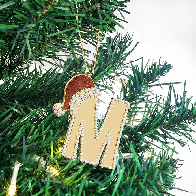 2025 Christmas Initial Ornaments, Letter M Ornaments for Xmas Tree, Red Hat Hanging Ornament for Mother Best Friends Sister Wife