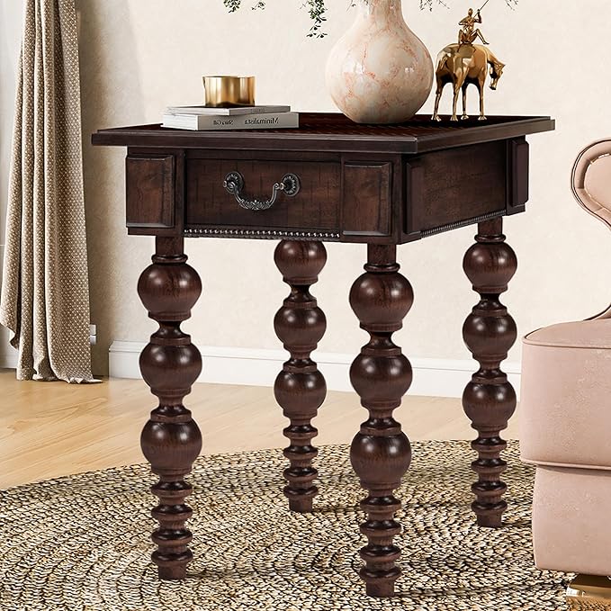 Amposei Retro Wooden Side End Table Vintage Nightstand Bedside Table with 1 Storage Drawer & Solid Wood Legs for Living Room Bedroom, No Assembly, Espresso