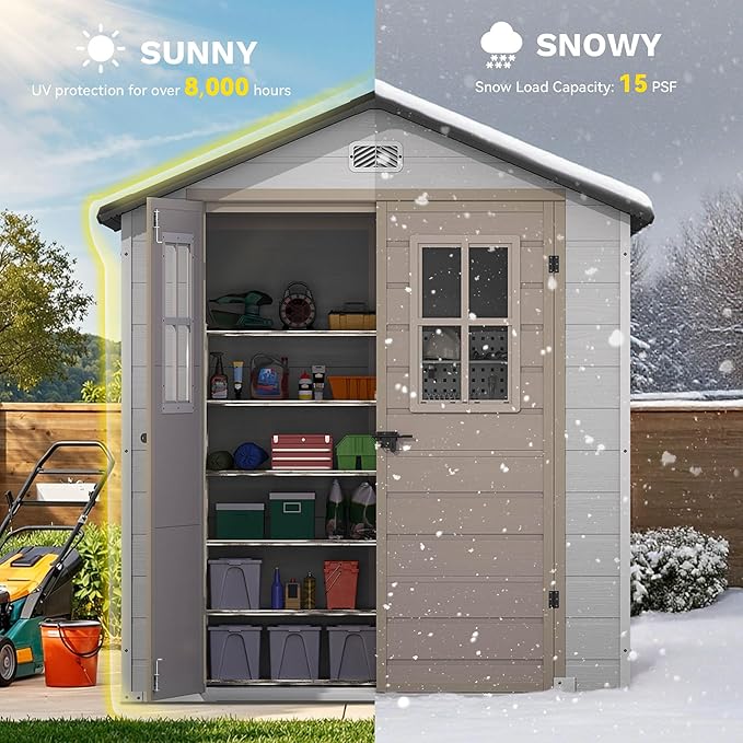 DWVO 6x4.4 FT Outdoor Storage Shed, Plastic Garden Tool Shed with 2 Windows, Double-Wall Outside Shed for Lawn Mower, Garden Tool for Backyard, Patio, Lawn, Lockable, Greige&Gray