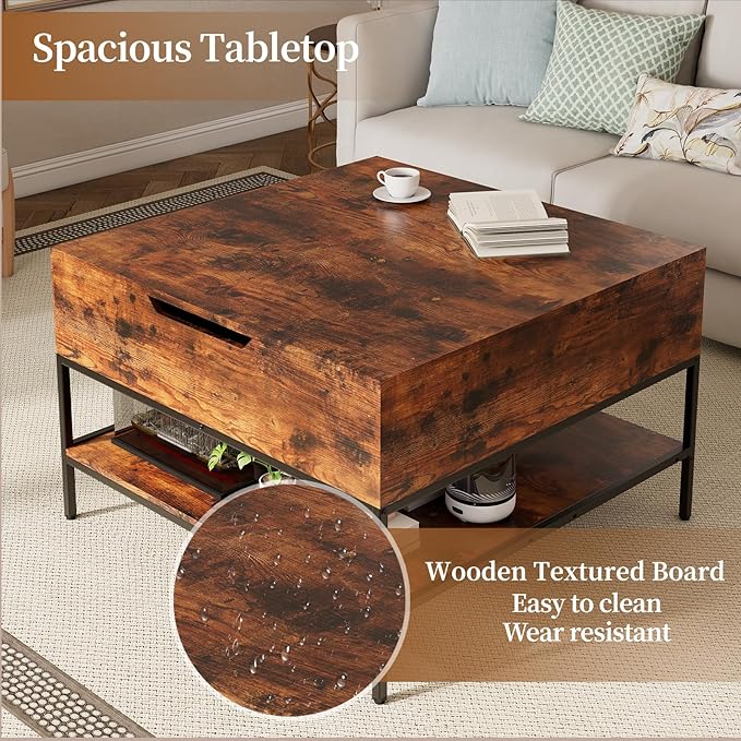 AQY 31.5" Flip Top Coffee Table with Storage, Square Coffee Tables for Living Room, Modern Farmhouse Heavy Duty Coffee Table with Large Hidden Compartment and Storage Shelves,Assembly Required