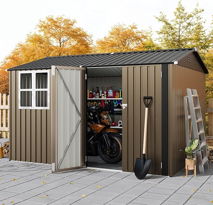 8x10 FT Outdoor Storage Shed,Metal Tool Shed with Clear Window, Lockable Doors,Large Garden Storage Box with Sloping Roof，Sheds&Outdoor Storage for Backyard Garden Patio Lawn, Brown