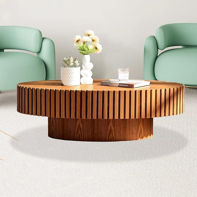 43.3in Fluted Side Tables Living Room Modern Chic Drum Coffee Table - Spacious Tabletop, for Small Space - Living Room Apartment Study,Wood