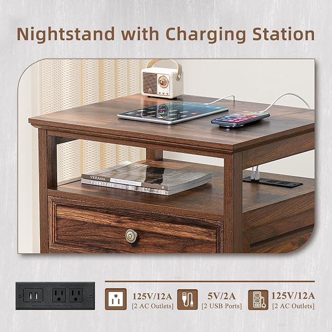Farmhouse Nightstand Set of 2 with Charging Station, 24" Wide End Table with 2 Drawers,Brown Dresser for Bedroom,Bed Side Table Chest of Drawers Cabinet, Night Stand for Living Room
