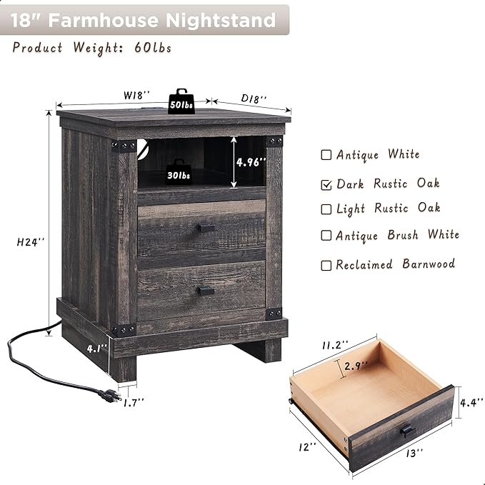 RedLemon Farmhouse Nightstand Set of 2 with Charging Station, 18" Rustic Night Stand with 2 Storage Drawers, Wood End Table for Bedroom, Living Room, Dark Rustic Oak