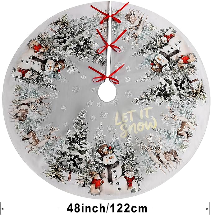 Christmas Tree Skirt 48 Inch, Snowman and Reindeer Design, Thick Flannel Fabric, Rustic Farmhouse Xmas Tree Skirt for Holiday Christmas Decorations