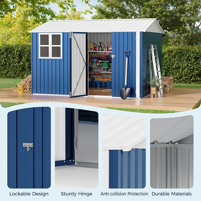 8x10 FT Outdoor Storage Shed,Metal Tool Shed with Clear Window, Lockable Doors,Large Garden Storage Box with Sloping Roof，Sheds&Outdoor Storage for Backyard Garden Patio Lawn, Navy Blue