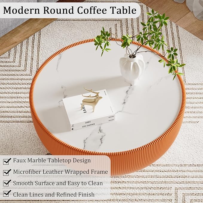 Round Living Room Table Set, 29.53" Orange Drum Center Table and 19.69" Grey Coffee Table Set, 2 Pieces Coffee Table Set with Sintered Stone Tabletop,Fluted PU Leather Covered and Metal Base