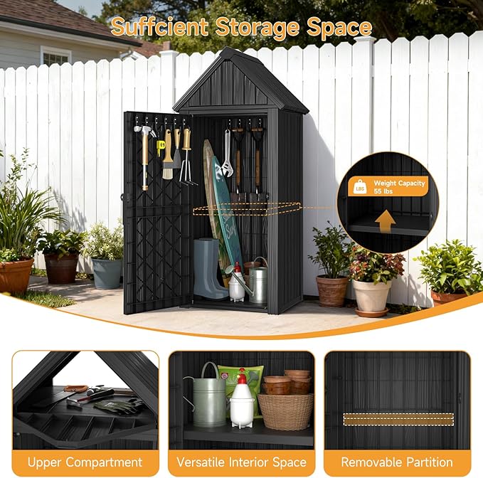 Outdoor Resin Storage Shed, Outdoor Storage Cabinet Waterproof with Hooks and Lock Ring, Multifunctional Storage Shed with Floor and Removable Shelves, All Weather Tool Shed for Patio, Lawn, Gray