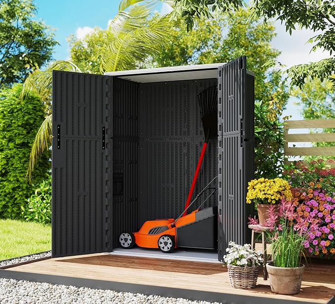 ZZM 57 Cu.ft Outdoor Storage Shed with Floor HDPE Double-Wall Resin Sheds Outdoor Storage, Lockable Weatherproof Storage Cabinet Fit for Garden Tools, Garage can, Bike, Patio Furniture, Black