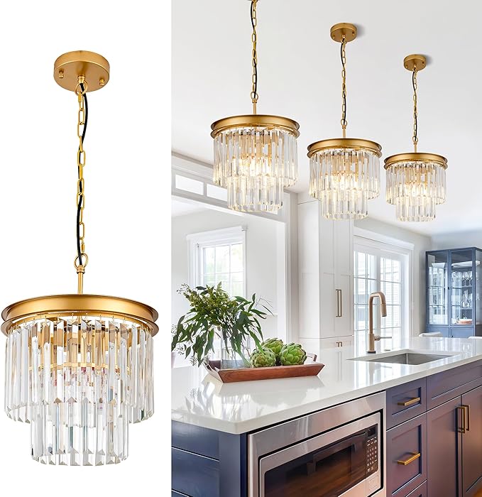 Gold Crystal Pendant Light 11.8" 3-Light Modern Round Chandelier Fixture 2-Tier Luxury Crystal Ceiling Hanging Light for Dining Room Hallway Living Room Bedroom Kitchen Island 1-Pack
