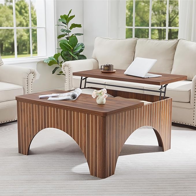 39'' Square Coffee Table with Storage, Farmhouse Lift Top Coffee Table for Living Room Fluted Wood Center Table Arched Dining Table with 2 Hidden Storage Compartment (Walnut)