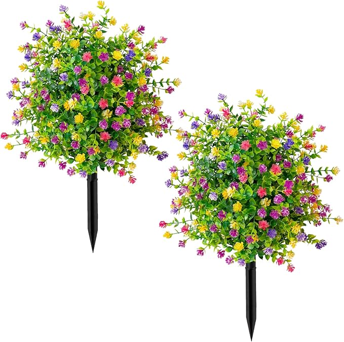 2Pcs 22" Artificial Boxwood Topiary Ball with Flowers Plants with Ground Spikes for Outdoor UV Resistant Realistic Fake Bushes Plants for Garden Yard Front Porch Patio Decor (Colorful Camellia)