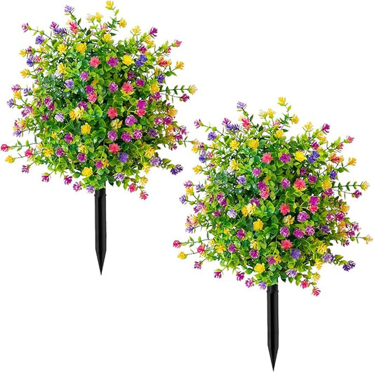 2Pcs 22" Artificial Boxwood Topiary Ball with Flowers Plants with Ground Spikes for Outdoor UV Resistant Realistic Fake Bushes Plants for Garden Yard Front Porch Patio Decor (Colorful Camellia)