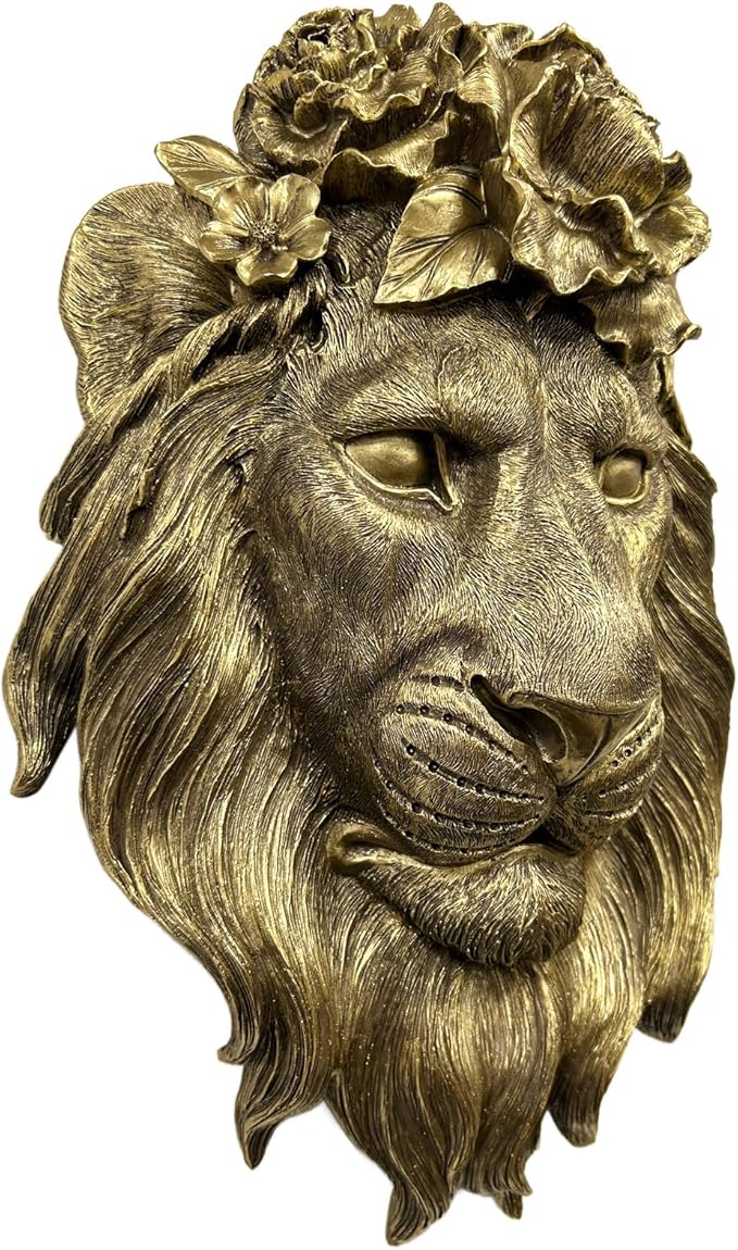 GUSFREUD Gold Lion Animal Head Wall Decor – Resin Lion Wall Sculpture, Vintage Gold Wall Art for Living Room, Bedroom, Office, Maximalist Home Decor