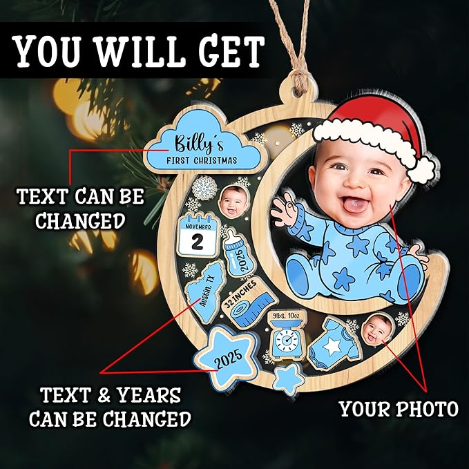 Personalized Baby's First Christmas Shaker Ornament 2025 - Customized Photo Ornament - Custom Birth Stats Keepsake Ornaments - Xmas Tree Decor - Gifts for Christmas
