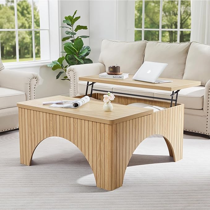 39'' Square Coffee Table with Storage, Farmhouse Lift Top Coffee Table for Living Room Fluted Wood Center Table Arched Dining Table with 2 Hidden Storage Compartment (Natural)