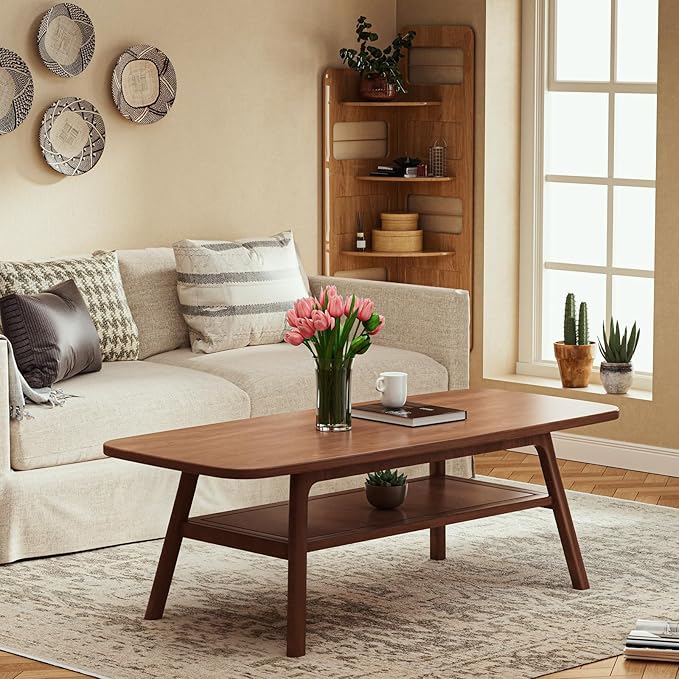 Mid Century Modern Coffee Table: 100% Solid Wood Coffee Table - 2-Tier Storage Design - Practical Coffee Tables for Living Room, Apartment, Easy Assembly (Walnut, 47.24")