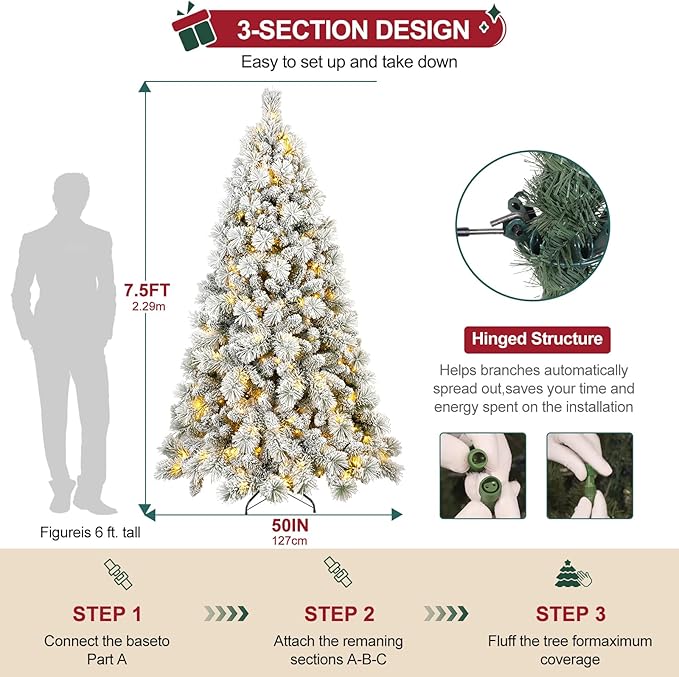 Flocked Christmas Tree 7ft, Premium Prelit Christmas Tree - Trees with Lights-White Snow Flocked Pre-lit Trees