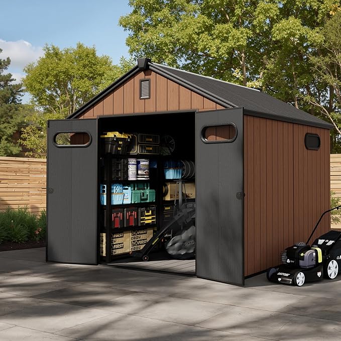 CRESTLIVE 8x10 FT Rust-Resistant Plastic Outdoor Storage Shed, Waterproof Resin Garden Shed with Floor, Doors, Skylight & Vent for Lawn Tools & Bikes
