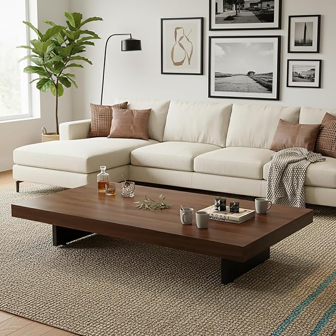 Modern Rectangular Coffee Table for Living Room, Low Profile Wood Center Table with 2" Thick Tabletop & Optional Storage Tray, Sturdy Minimalist Design (31.5"/39.4" Black/Walnut)