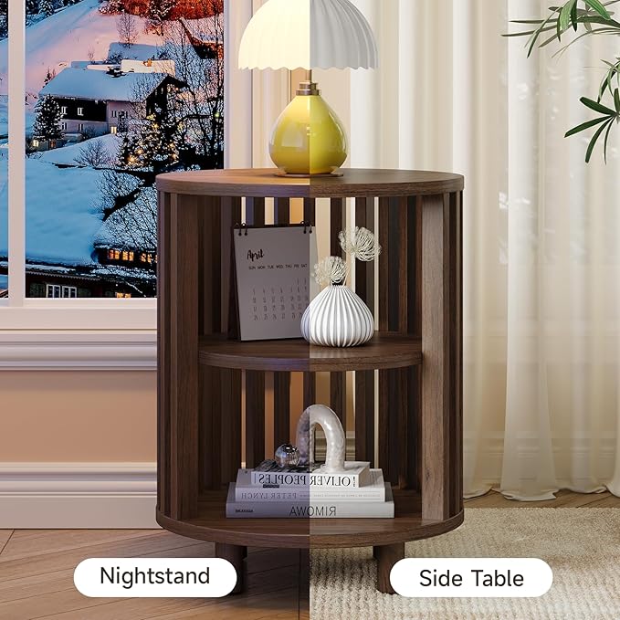 Round End Table, Wood Bedside Table, Mid Century Modern Nightstand with Open Storage Shelf, 3 Tier Small Side Tables for Living Room, Bedroom, Curved Profile Design, Walnut(2-Pack)