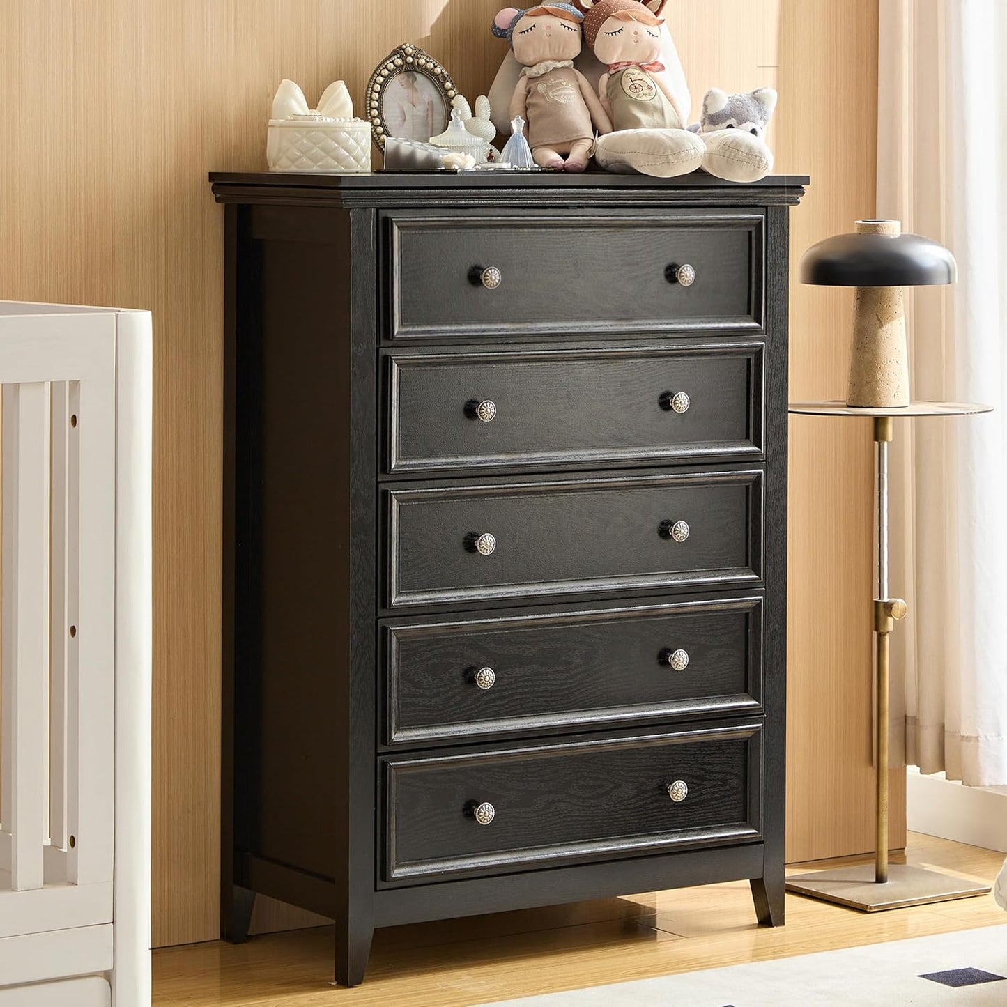 BLANKSPACE Black 5 Drawer Dresser, Modern Dresser for Bedroom, Wood Drawer Organizer with Metal Knobs, Large Capacity Wood Cabinet for Bedroom, Closets, Hallway