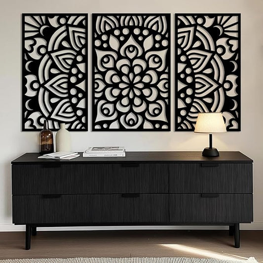 Mandala Metal Wall Art, Lotus Flower Metal Wall Decor, Bohemian Headboard Wall Decor, Scroll Wall Art, Mandala Wall Hanging for Living Room, Bedroom, Yoga Room (Black, 59"x33"/150x83cm)