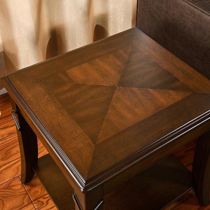 2-Set Solid Wood Side Table with Storage Shelf, Cherry Wood End Tables Living Room, Traditional Style End Table, Vintage Beside Table with Curved Legs for Apartment, Cherry Walnut Accent Table