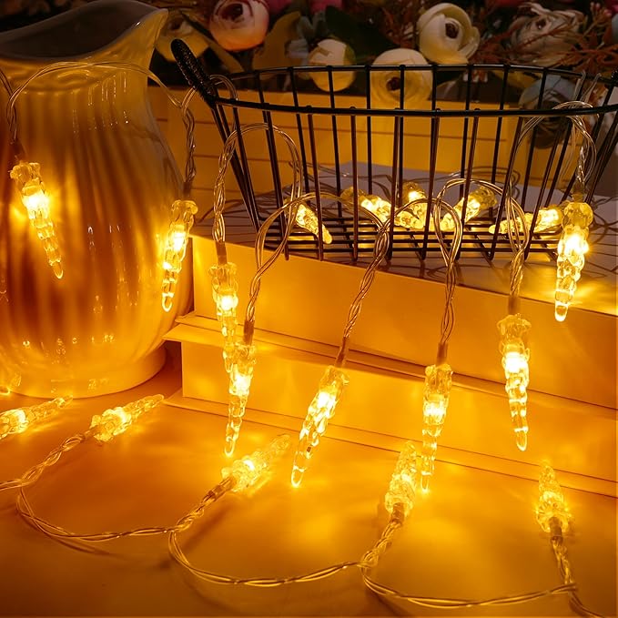 Christmas Icicle Light，19.6ft 40 LED Warm White Icicle String Lights Indoor, Hanging Icicle Christmas Lights for Eave Holiday Garden Indoor Outdoor Xmas Decorations
