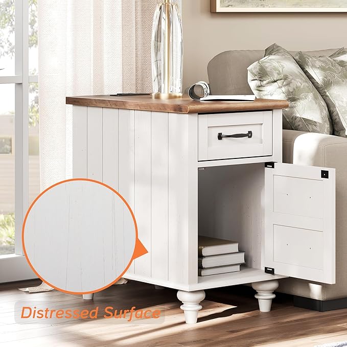 WAMPAT 2 Pack End Tables with Charging Station, Farmhouse Side Table with Drawer & Storage Cabinet, White Nightstand with Power Outlets & USB Ports for Living Room, Bedroom