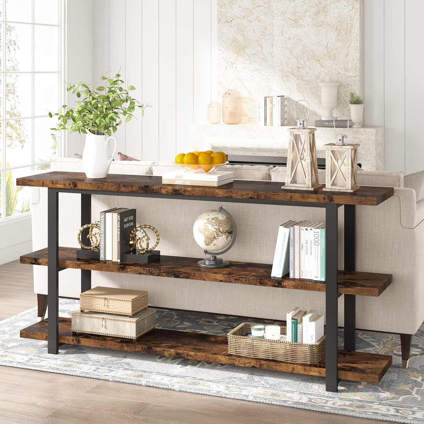 70.8 Inch Extra Long Console Table for Entryway, Narrow Hallway Table, Wood Sofa Table with 3 Tier Storage Shelves for Living Room
