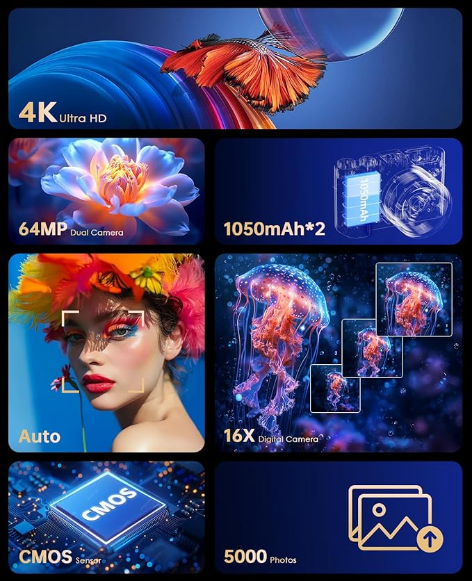 4K Digital Camera for Photography - 64MP Autofocus Vlogging Camera for YouTube with Dual-Lens - 16X Digital Zoom Anti Shake 3'' Selfie Compact Travel Camera with Flash, 2 Batteries, Charging Stand
