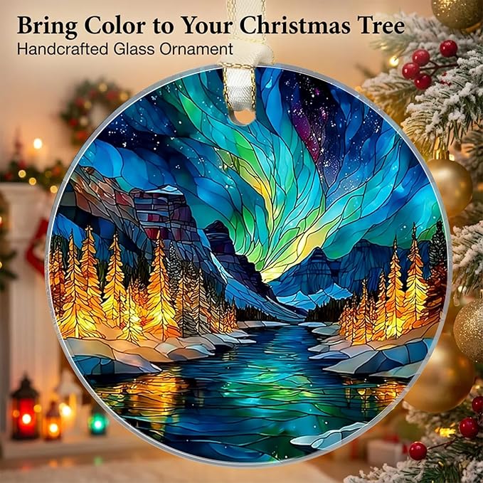 Northern Lights Christmas Ornaments 2025, Stained Glass Christmas Tree Decorations, Exchange for Women, Men, Collectible Dated Year Ornaments for Tree - Glass Hanging Ornament